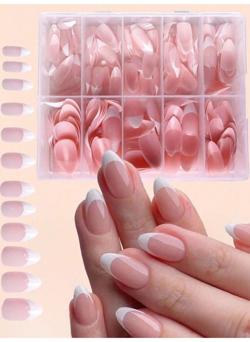 طقم أظافر ضغط فرنسي شكل لوز 120 قطعة – وردي مع أطراف بيضاء (French Tip) مع علبة تنظيم - Image 1